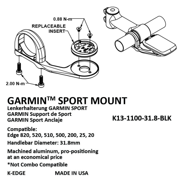 Велокомпьютер K-EDGE Крепление Garmin Sport Mount 31,8mm Black Anodize - купить в Москве